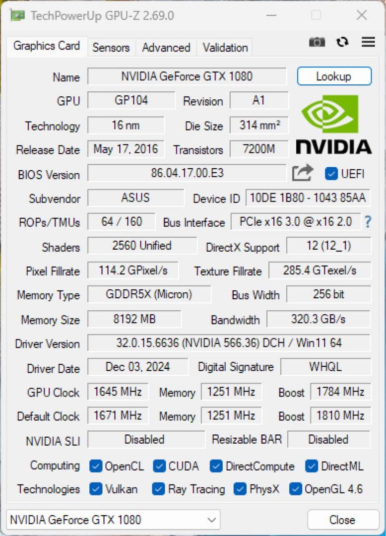 ASUS STRIX GEFORCE GTX1080 8GB 動作確認済み
