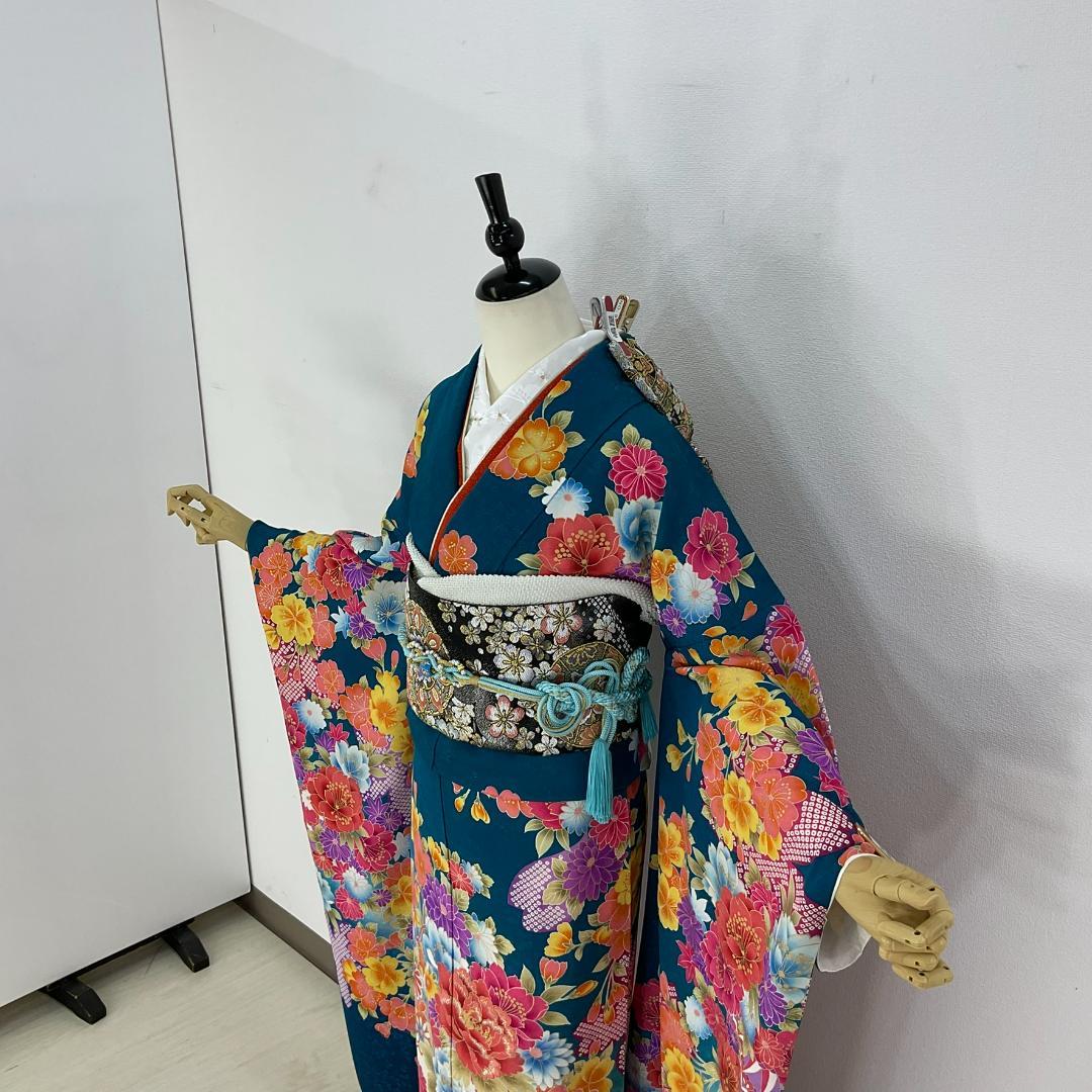 お振袖 ブルーグリーン　正絹　美品　成人式