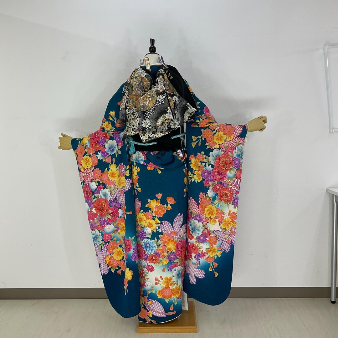 お振袖 ブルーグリーン　正絹　美品　成人式