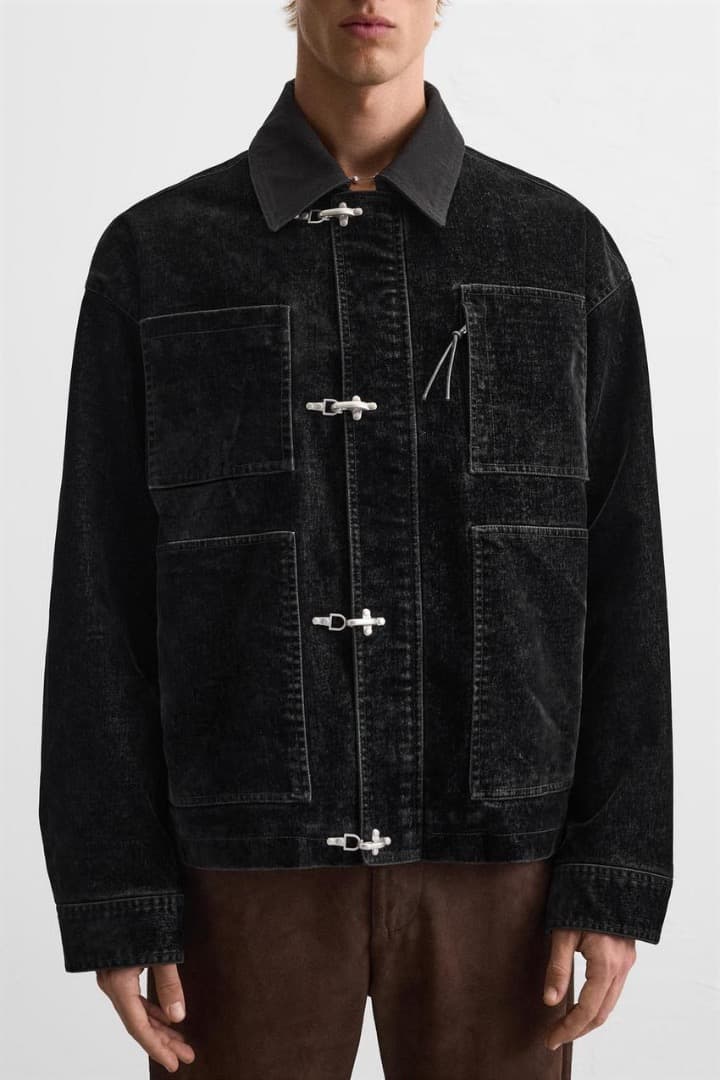極稀少!! ZARA ベルベットデニム地 ファイヤーマンジャケット S 黒