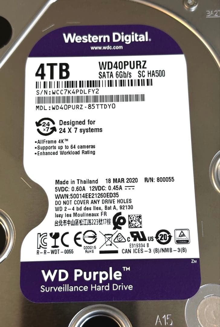 WD Purple 4TB HDD WD40PURZ 4台セット