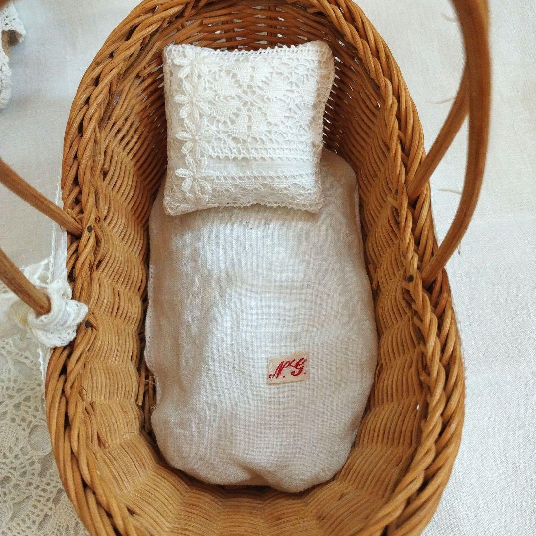 フランスアンティークリネン*くま&カゴベッドセット*テディベア*ハンドメイド