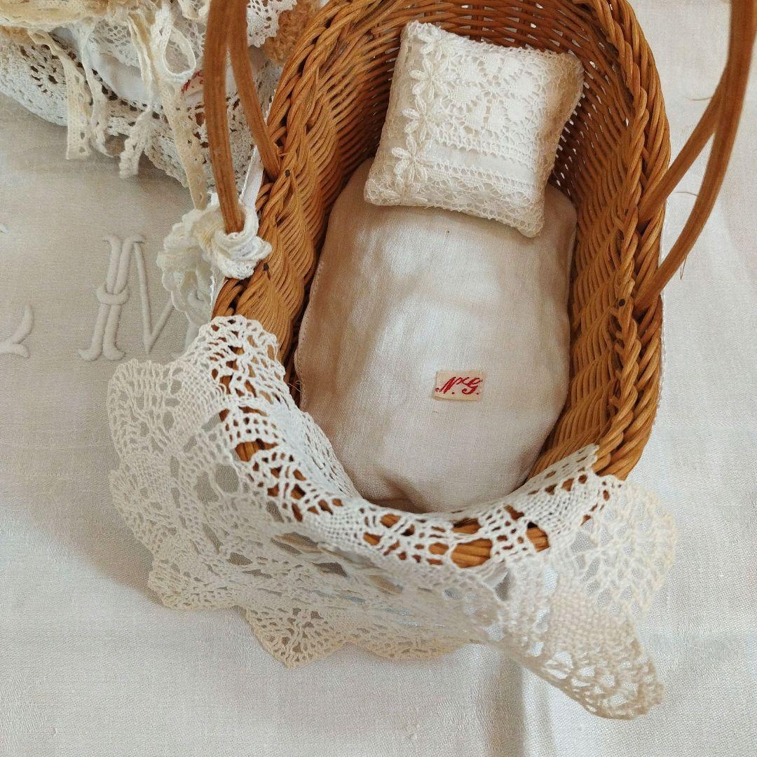 フランスアンティークリネン*くま&カゴベッドセット*テディベア*ハンドメイド