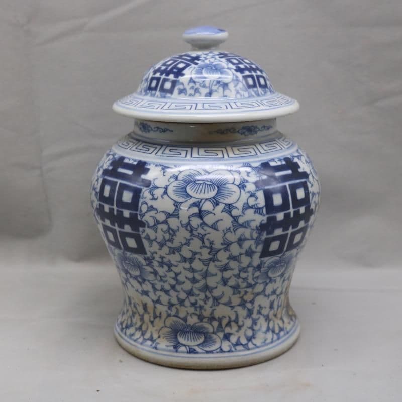 清康煕藍地青花纏枝喜字氷梅紋将軍缶 景徳鎮 陶磁器 装飾品 工芸品美術品 置物