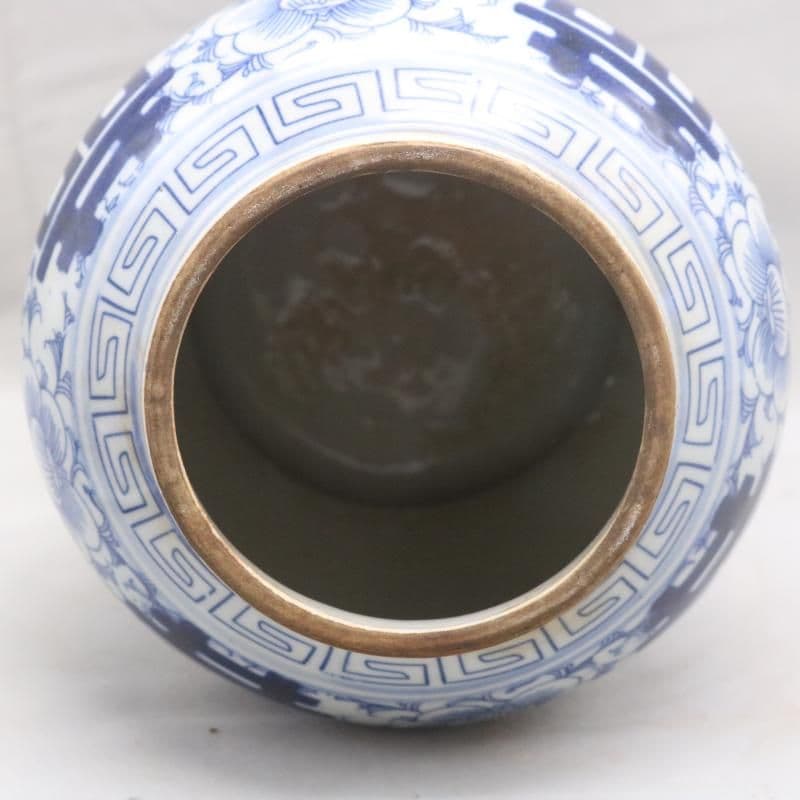 清康煕藍地青花纏枝喜字氷梅紋将軍缶 景徳鎮 陶磁器 装飾品 工芸品美術品 置物