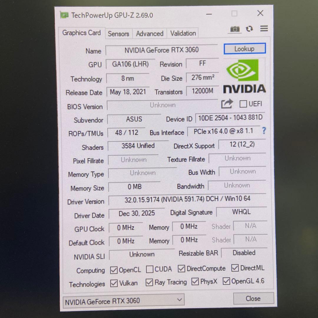 ジャンク ASUS DUAL-RTX3060-012G-V2 12GB