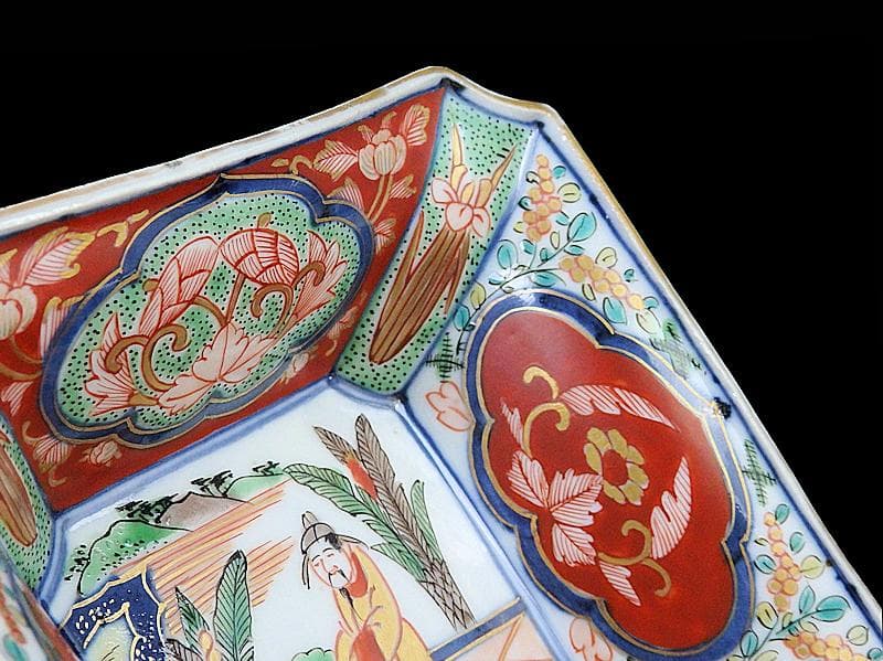 大聖寺伊万里　金襴手　芭蕉葉に唐人の図　四方角向付　B346AS-fbsr