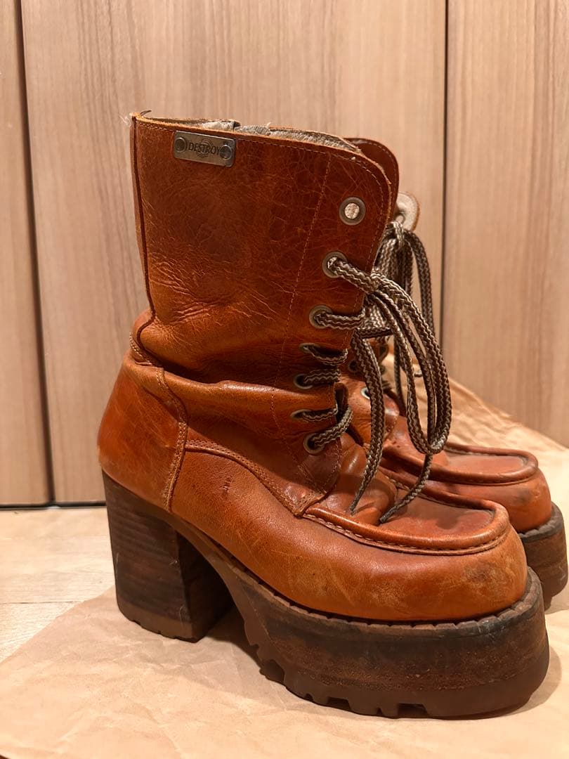 スペイン製 90年代 レア ブラウンレザー厚底ブーツ
