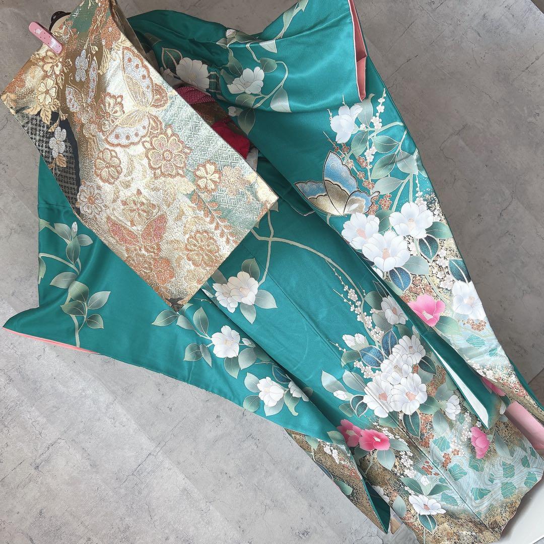 振袖　フルセット　金彩加工　綸子　大人かわいい　緑　成人式　m5