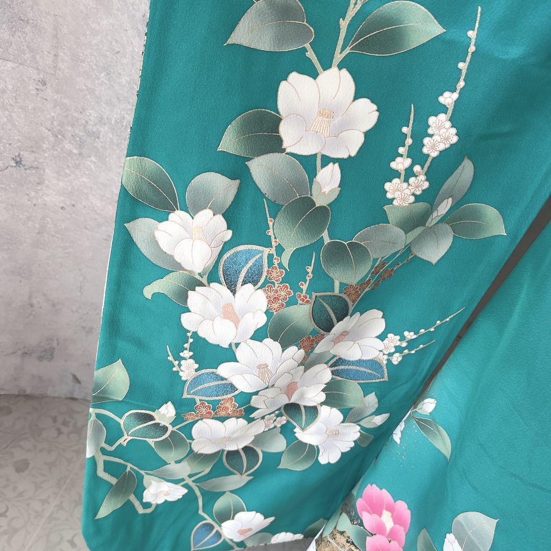 振袖　フルセット　金彩加工　綸子　大人かわいい　緑　成人式　m5