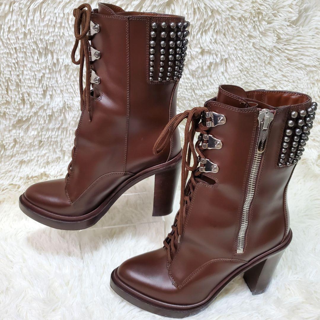 【美品】セルジオロッシ　ロングブーツ　レースアップ　スタッズ　サイドジップ　茶色