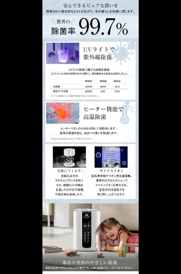ハイブリッド加湿器 空気清浄機 5.5L 超音波/加熱式 除菌 卓上 自動調節