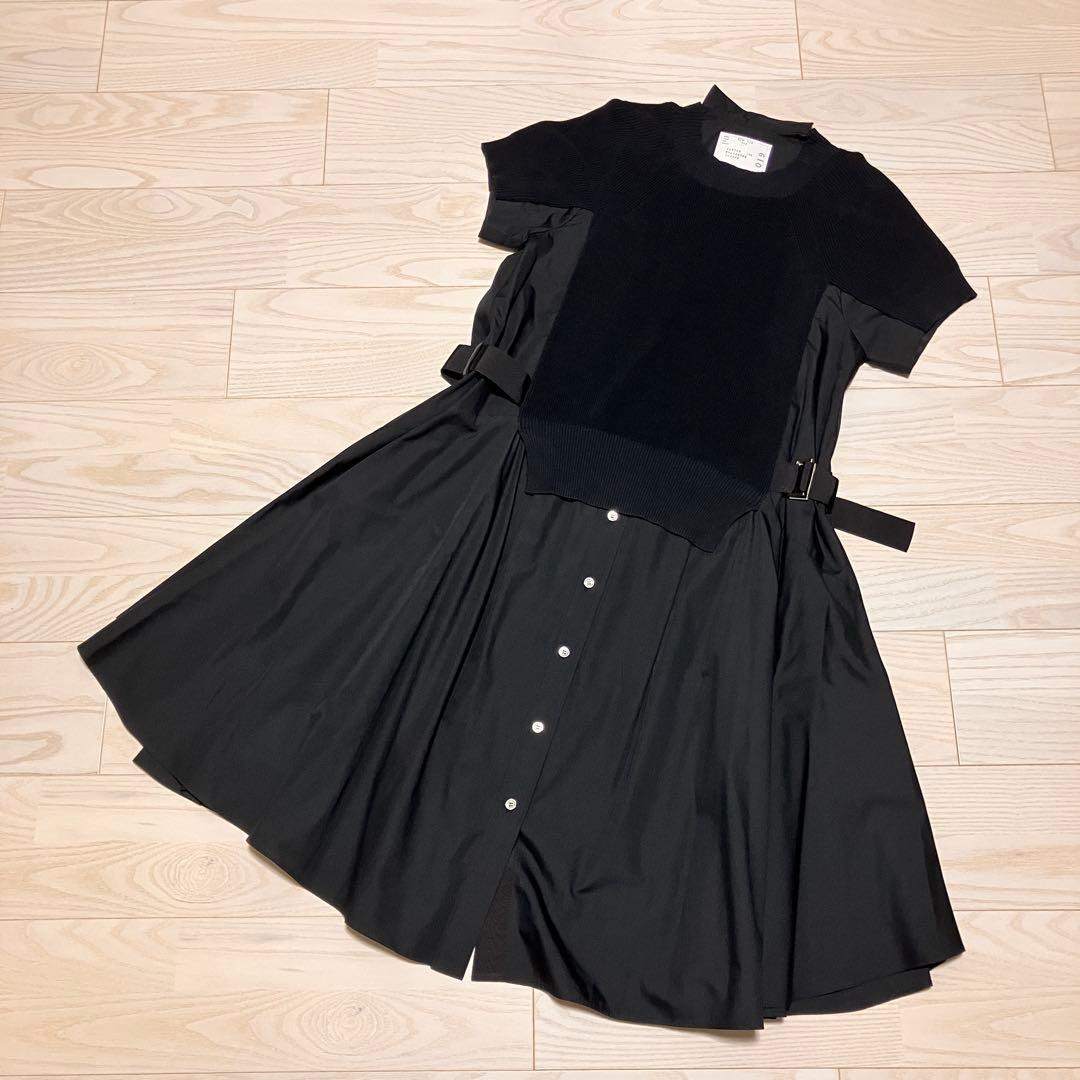 美品 sacai ドッキングワンピース　コットンニット　ポプリン　ベルテッド　黒