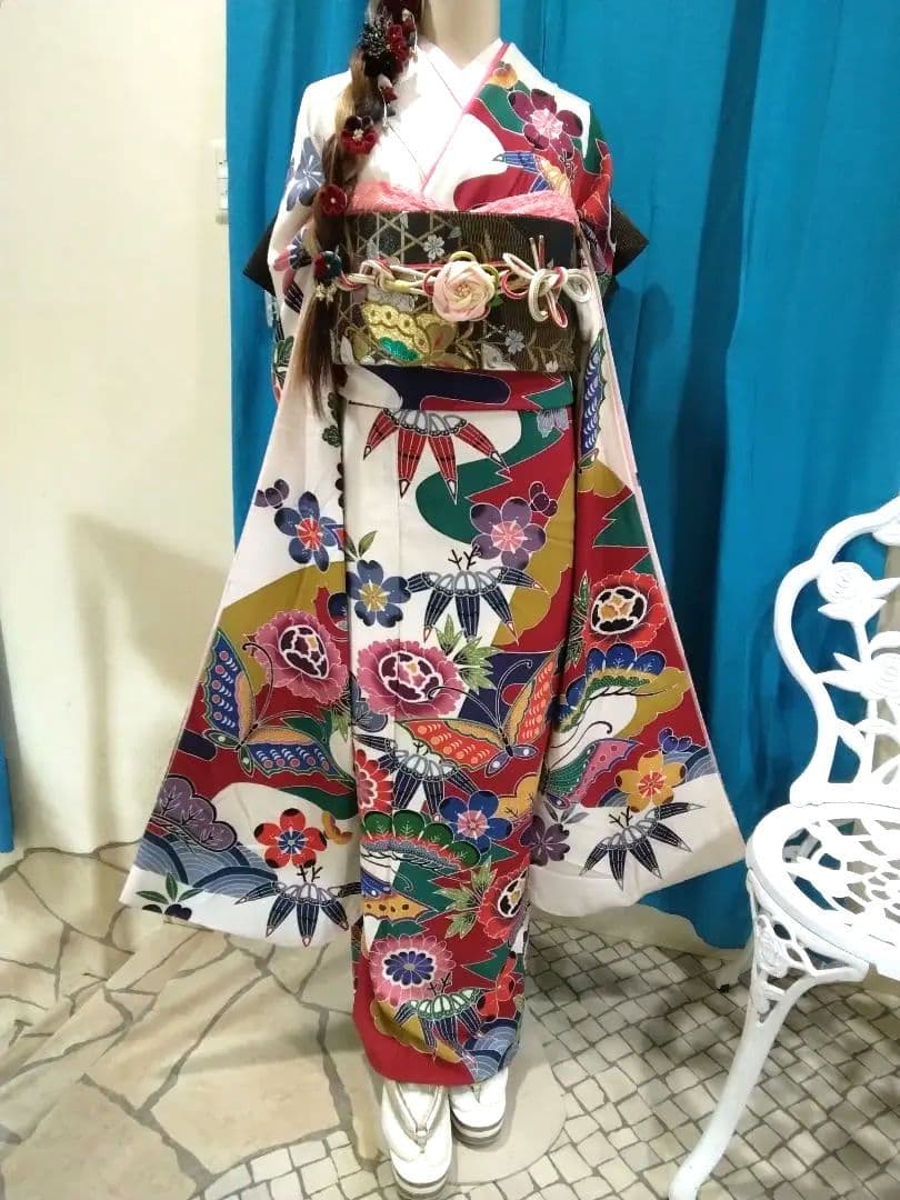 振袖フルセット、正絹京紅型振袖、落款重ね衿帯揚げ帯締め、西陣袋帯襦袢、ガード加工