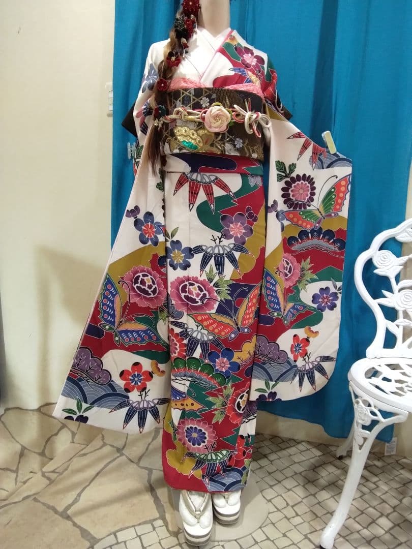 振袖フルセット、正絹京紅型振袖、落款重ね衿帯揚げ帯締め、西陣袋帯襦袢、ガード加工