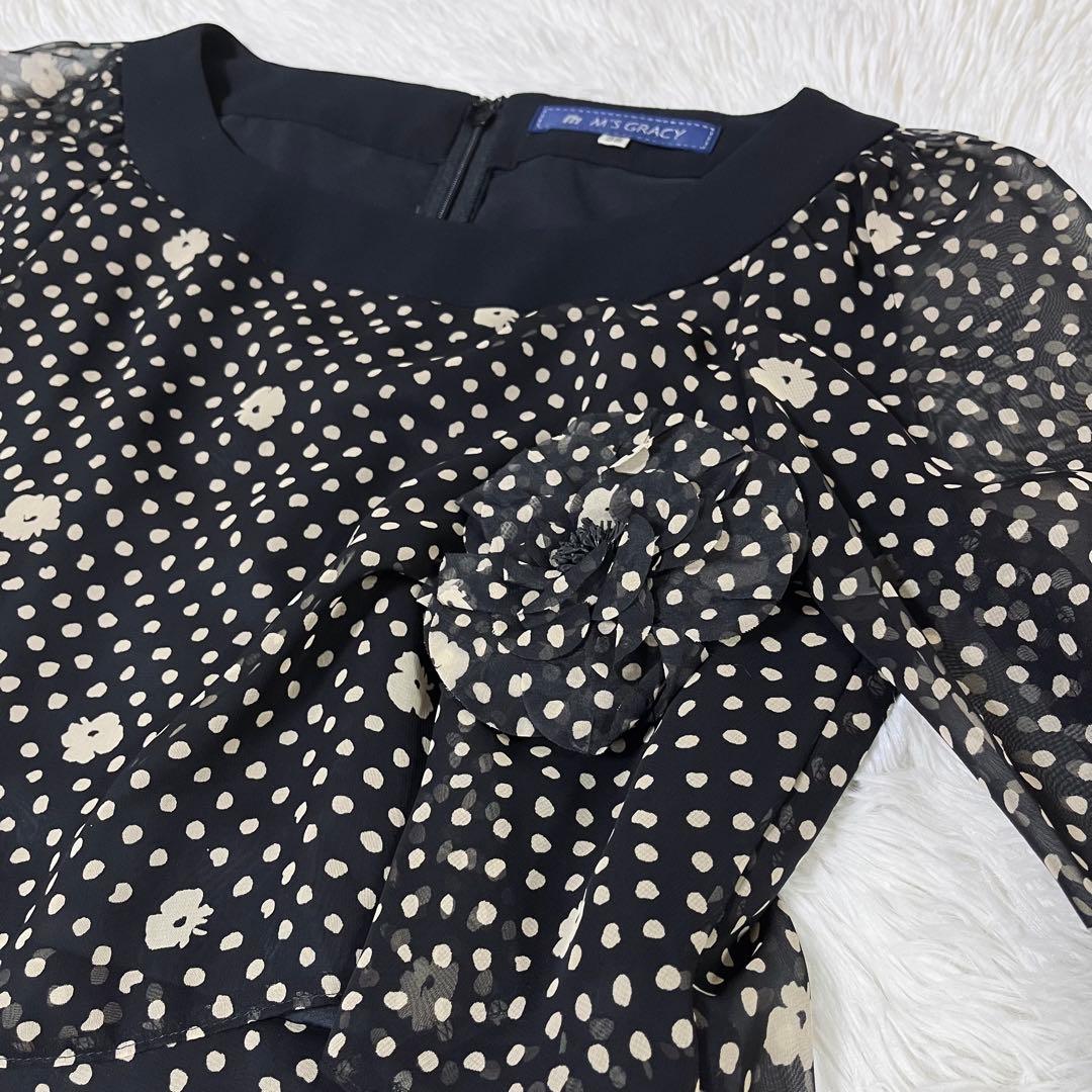 美品 エムズグレイシー ティアードワンピース ドット 花柄 コサージュ 38