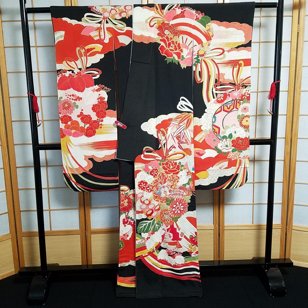【予約済】Y1【着物と帯 京月花】 ■アンティーク時代刺繍友禅黒振袖袷広衿■