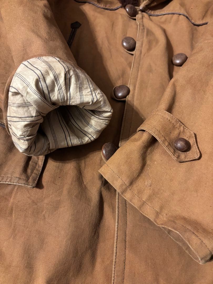 古着　50s ボアコート　ダック生地　ムートンコート　くるみボタン ブラウン.