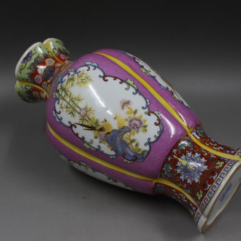 清雍正蒔金琺瑯彩花鳥花口瓶 景徳鎮 陶磁器 装飾品 工芸品 美術品 置物