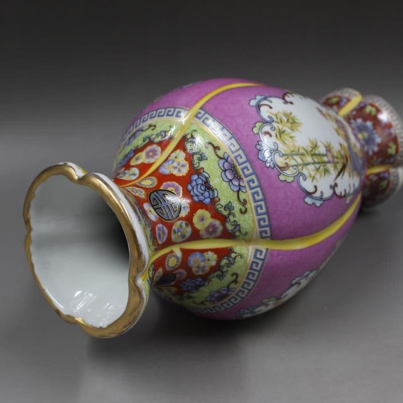 清雍正蒔金琺瑯彩花鳥花口瓶 景徳鎮 陶磁器 装飾品 工芸品 美術品 置物