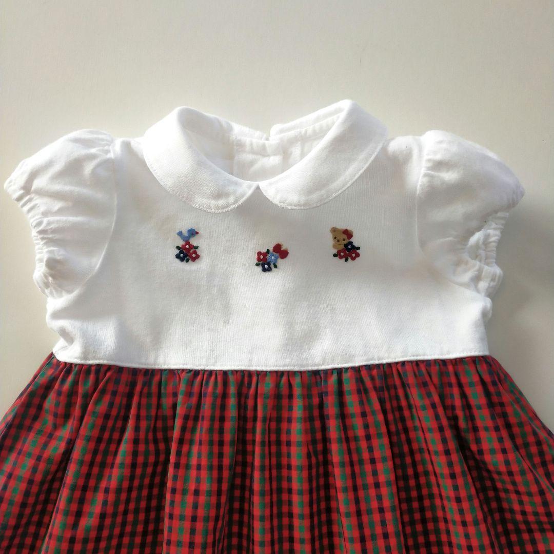 美品★現行品★80cm familiar 白×ファミリアチェック半袖ワンピース