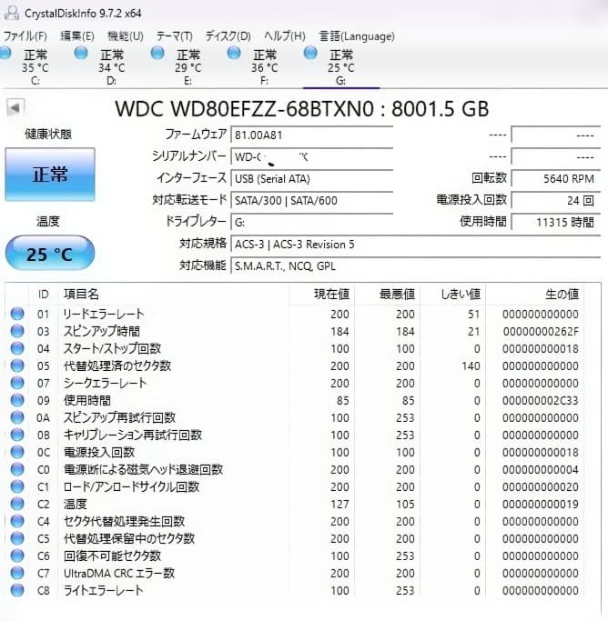 中古　WD Red Plus 8TB HDD WD80EFZZ 1台