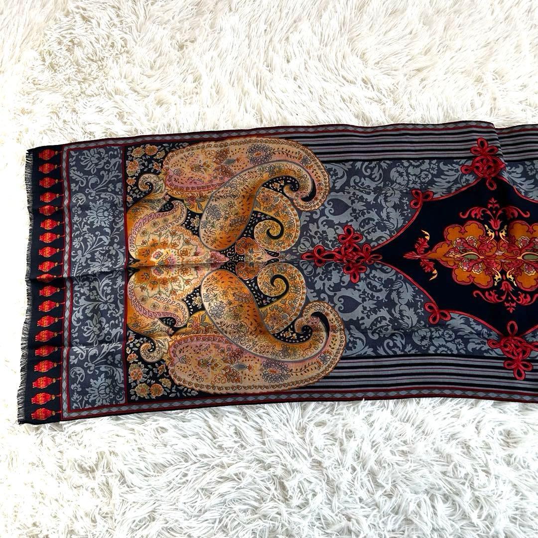 ETRO ウール×シルク ペイズリー柄 ストール フリンジ付 イタリア製