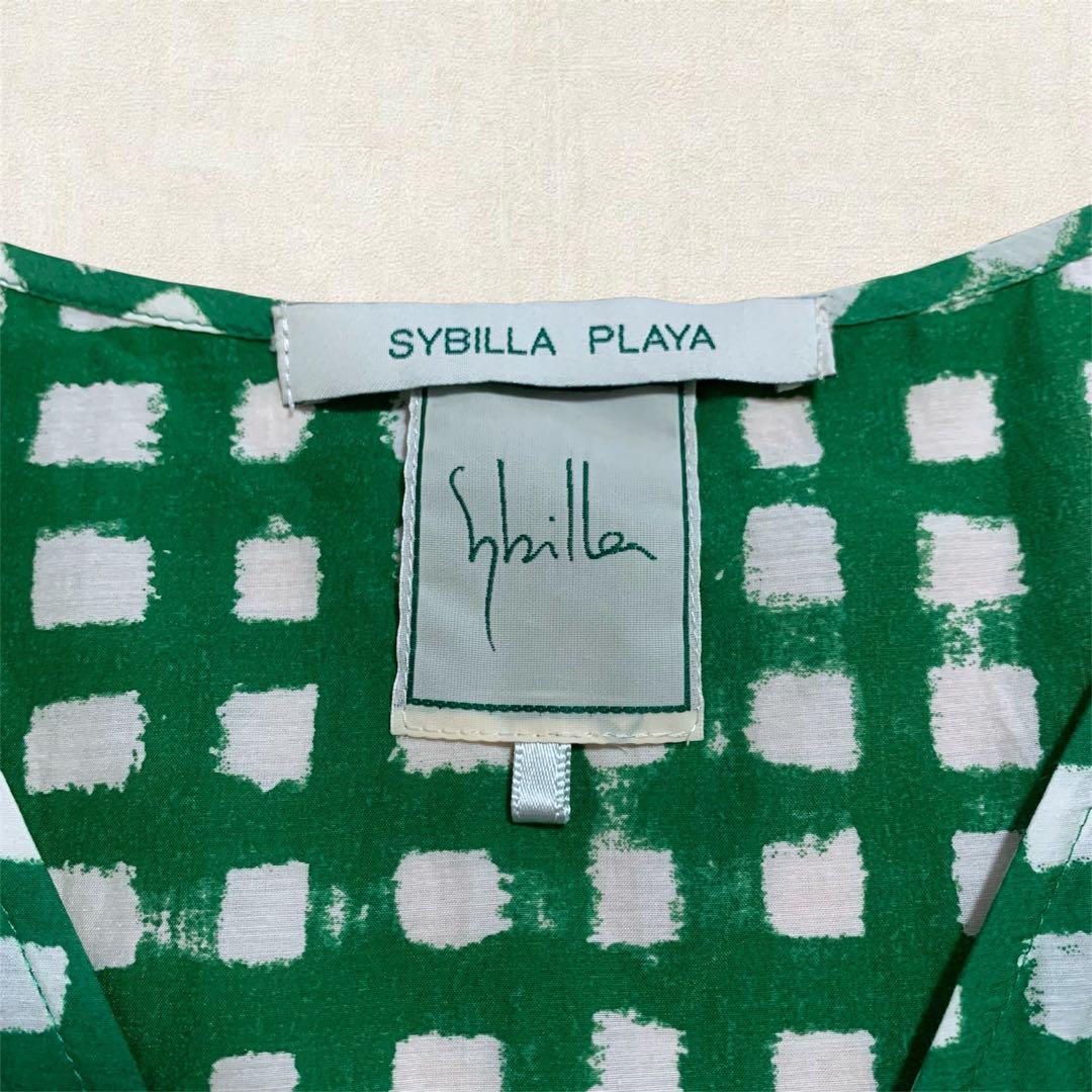 SYBILLA　シビラ　ワンピース　グリーン　総柄　ノースリーブ　シルク　フレア