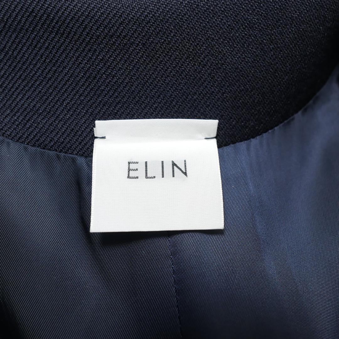 美品【ELIN】ノーカラーコート 36 ウール ボリューム袖 Aライン 濃紺