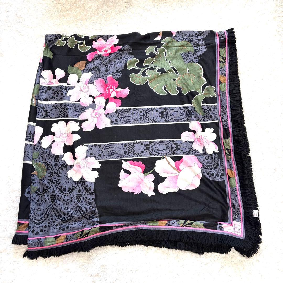 ✨美品✨ レオナール シルク ウール ストール ショール 花柄 フラワー 黒
