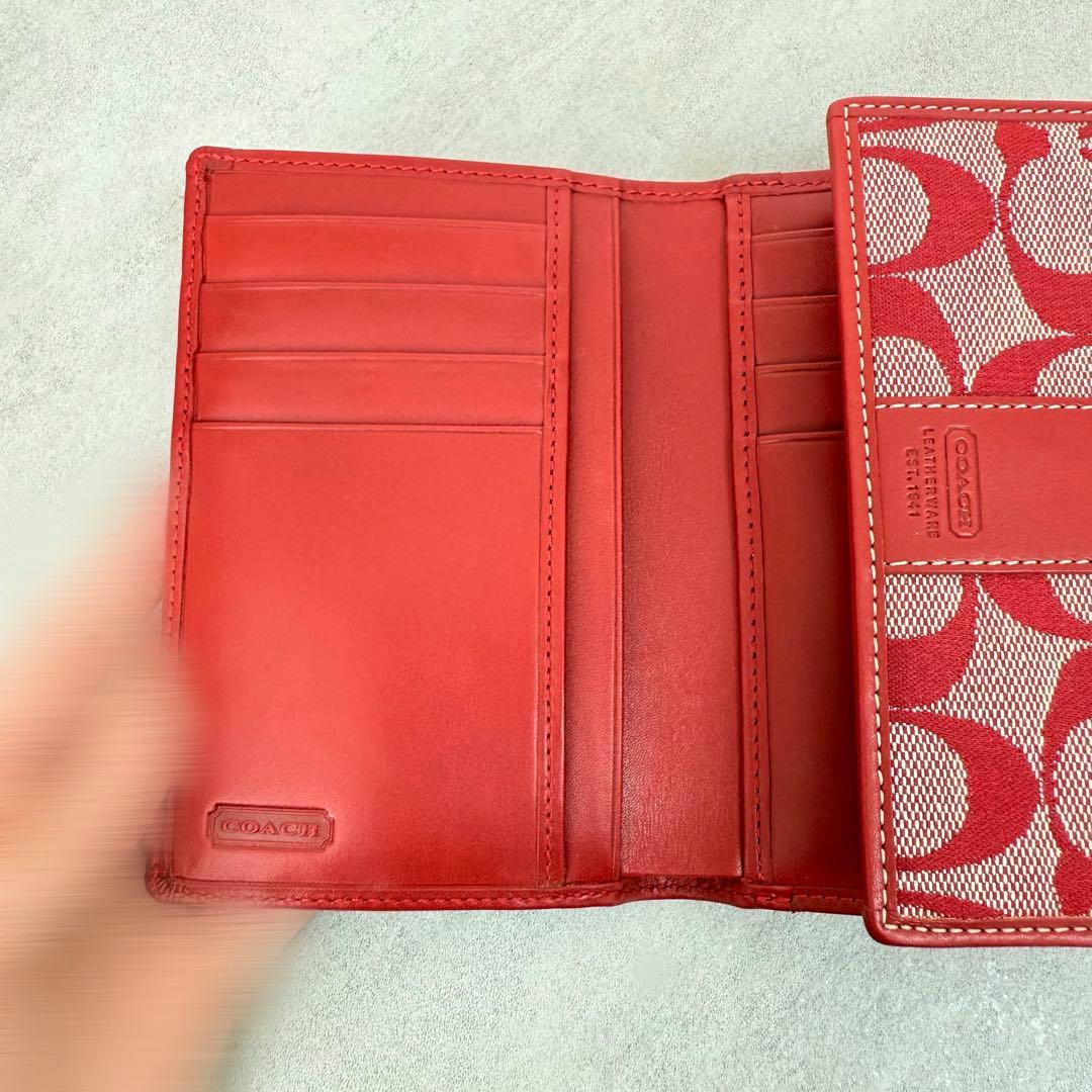 COACH 三つ折り財布 赤 シグネチャー キャンバス 箱付き