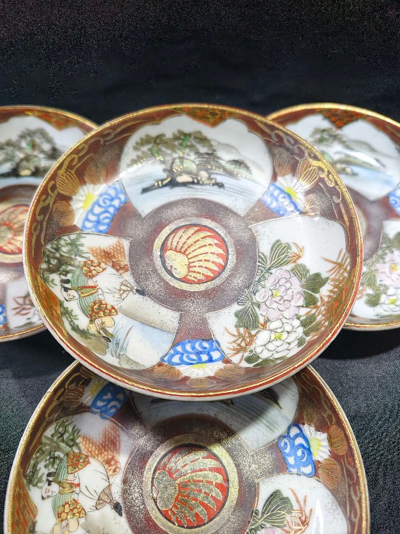 九谷焼 色絵金彩小皿4枚 明治骨董 手描き 古美術 旧家蔵出し 送料無料