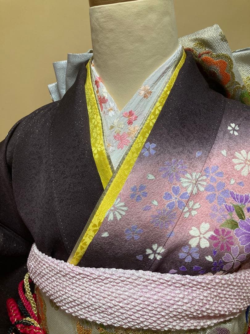 振袖7点セット 茶色地 小豆色 振袖 袋帯 長襦袢 帯締め 帯揚げ 重ね衿 半衿
