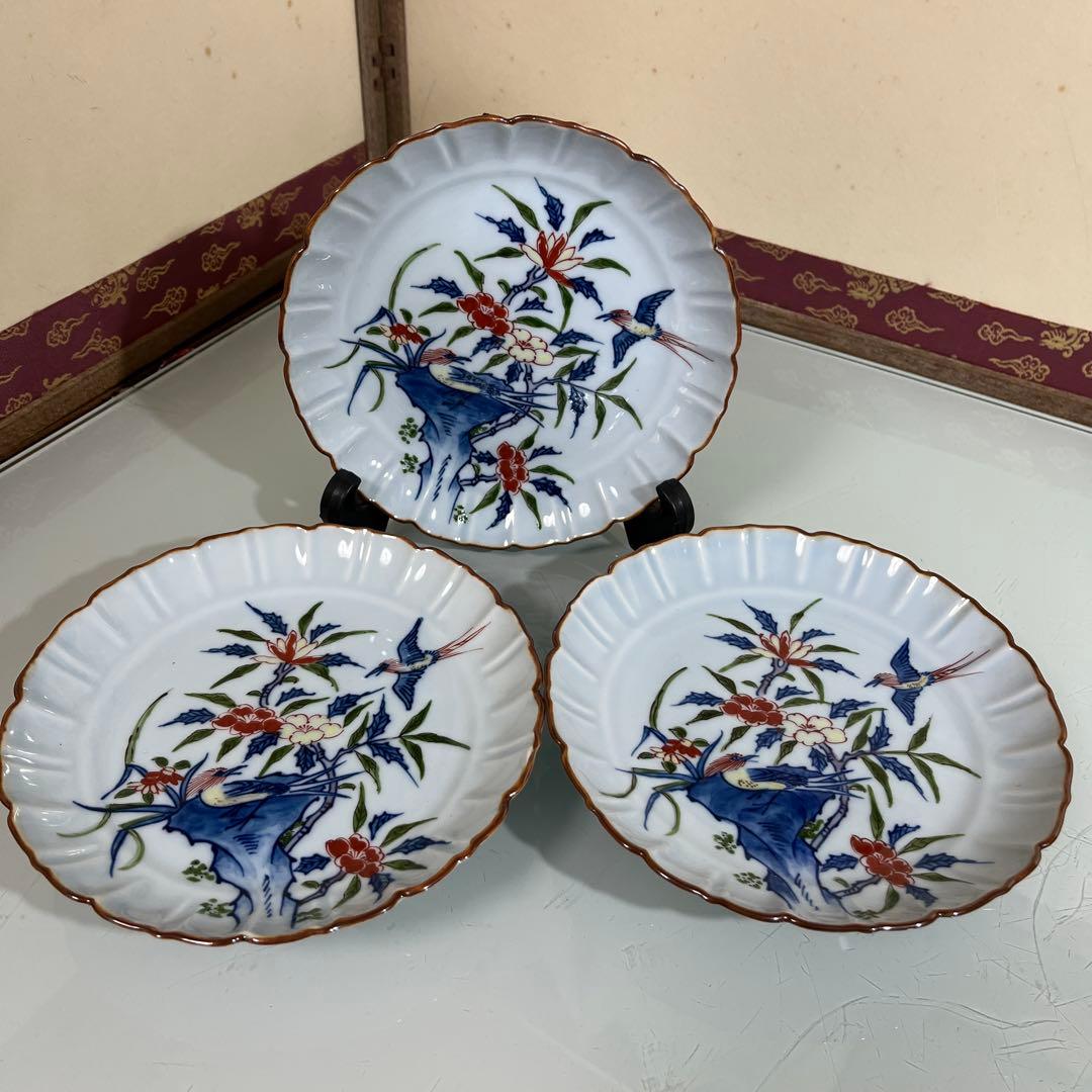 源右衛門　染錦花鳥紋　銘々皿3枚
