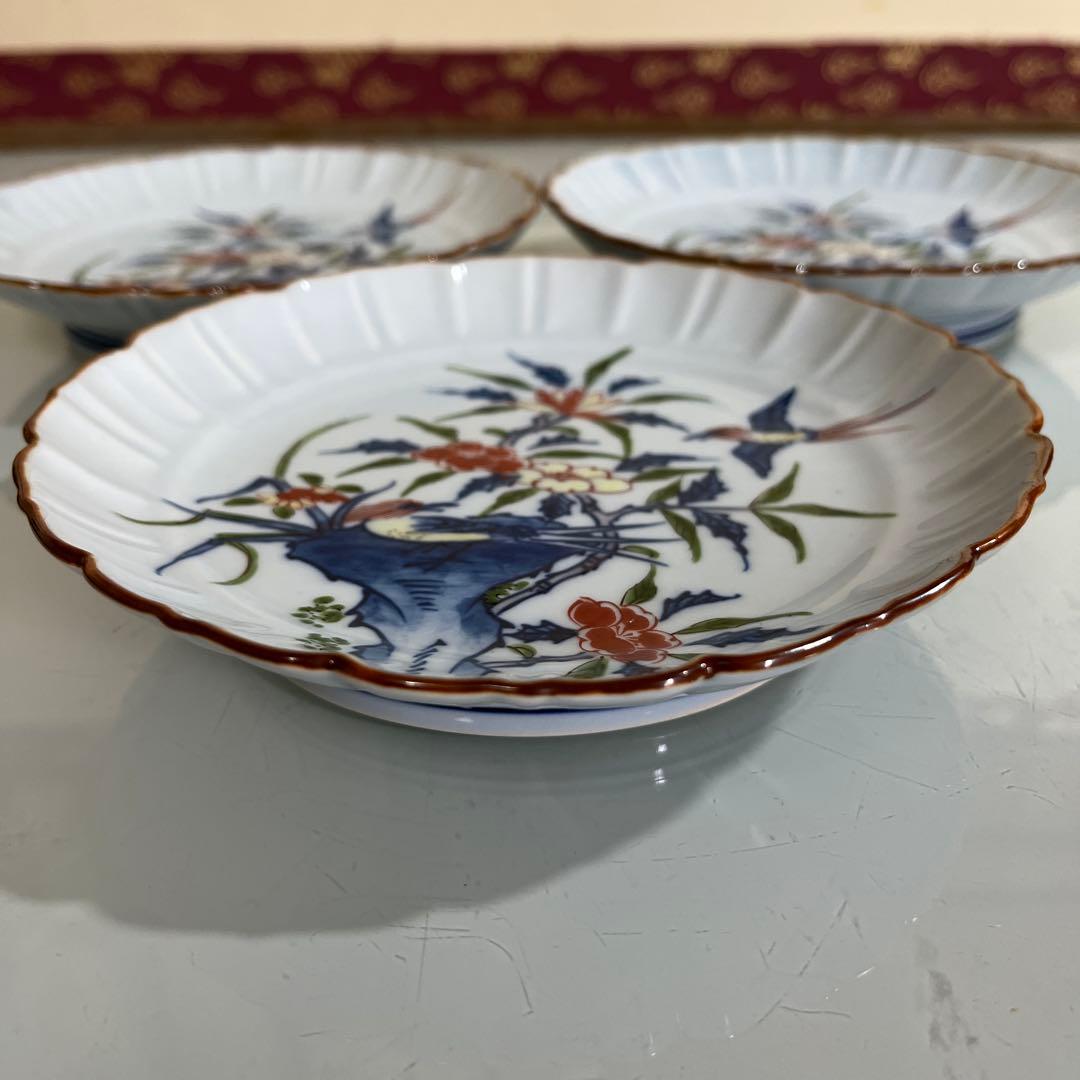 源右衛門　染錦花鳥紋　銘々皿3枚