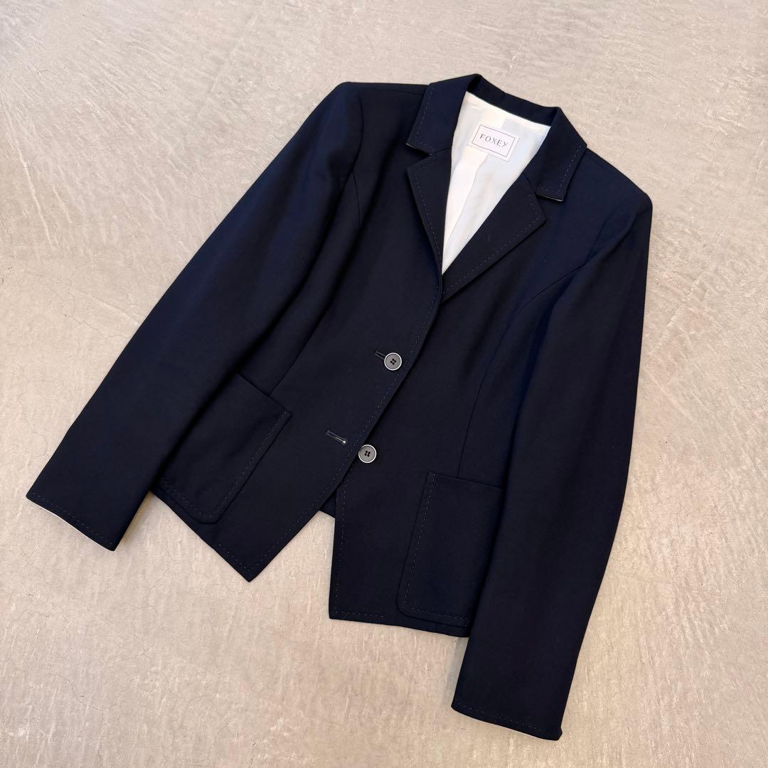 【美品】 フォクシー ジャケット コットン ネイビー 38 FOXEY