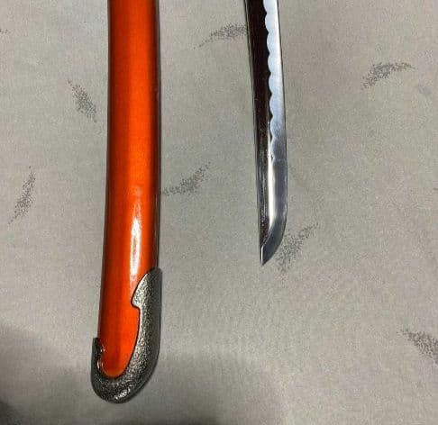 高級模造刀 脇差 蜜柑色柄黒鮫皮 海鼠透し鍔 金尻朱色呂鞘