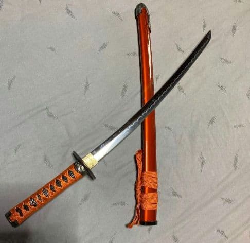 高級模造刀 脇差 蜜柑色柄黒鮫皮 海鼠透し鍔 金尻朱色呂鞘