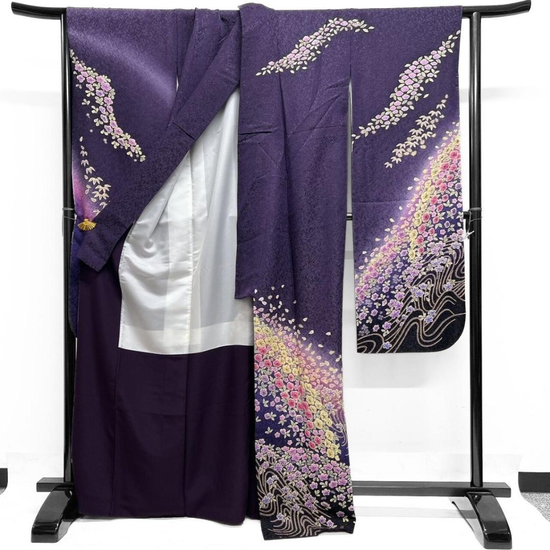 金通し　絞り　流線　梅花　桜花模様　振袖　着物 014a p