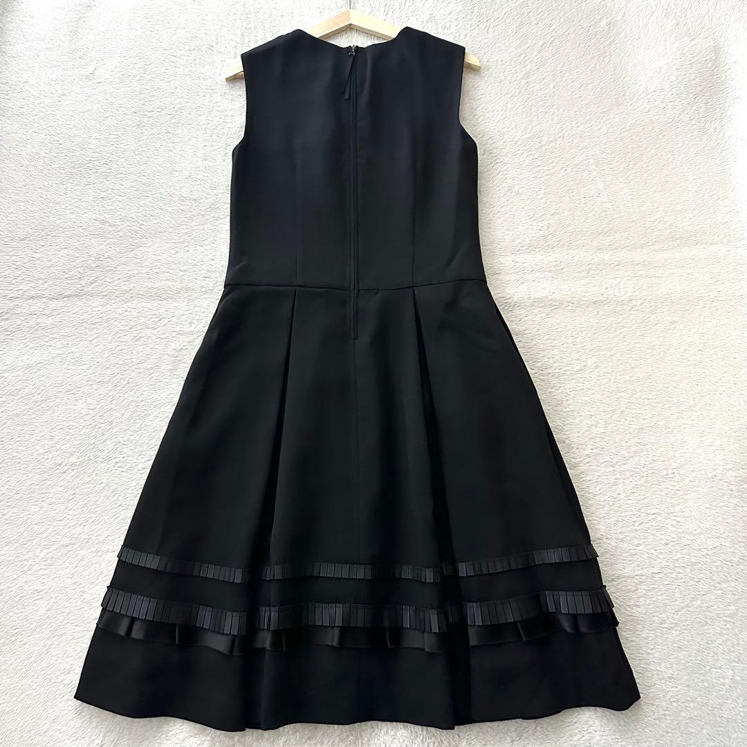 美品 FOXEY グログランリボン ノースリーブ フレア ワンピース 38 黒
