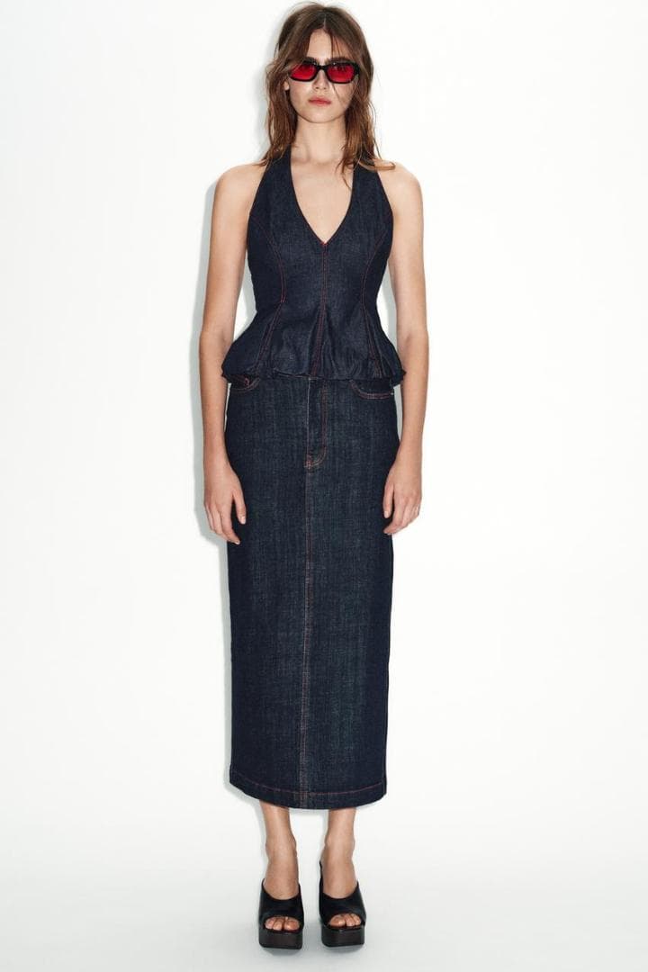 【ZARA】 ミディ丈デニムスカート ハート ブルー M