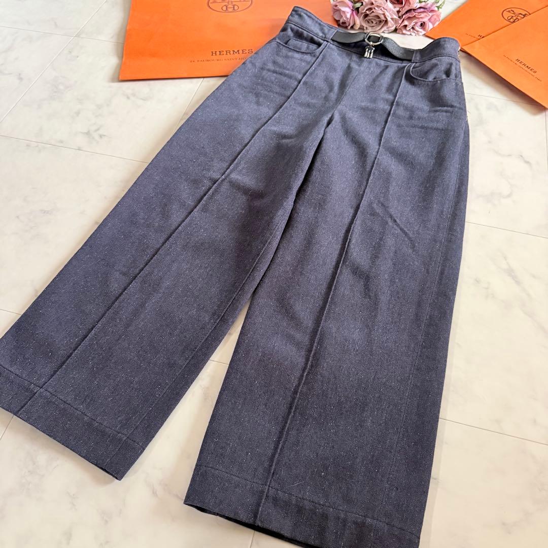 極美品★HERMES デニムパンツ レザーベルトチャーム付き センタータック34