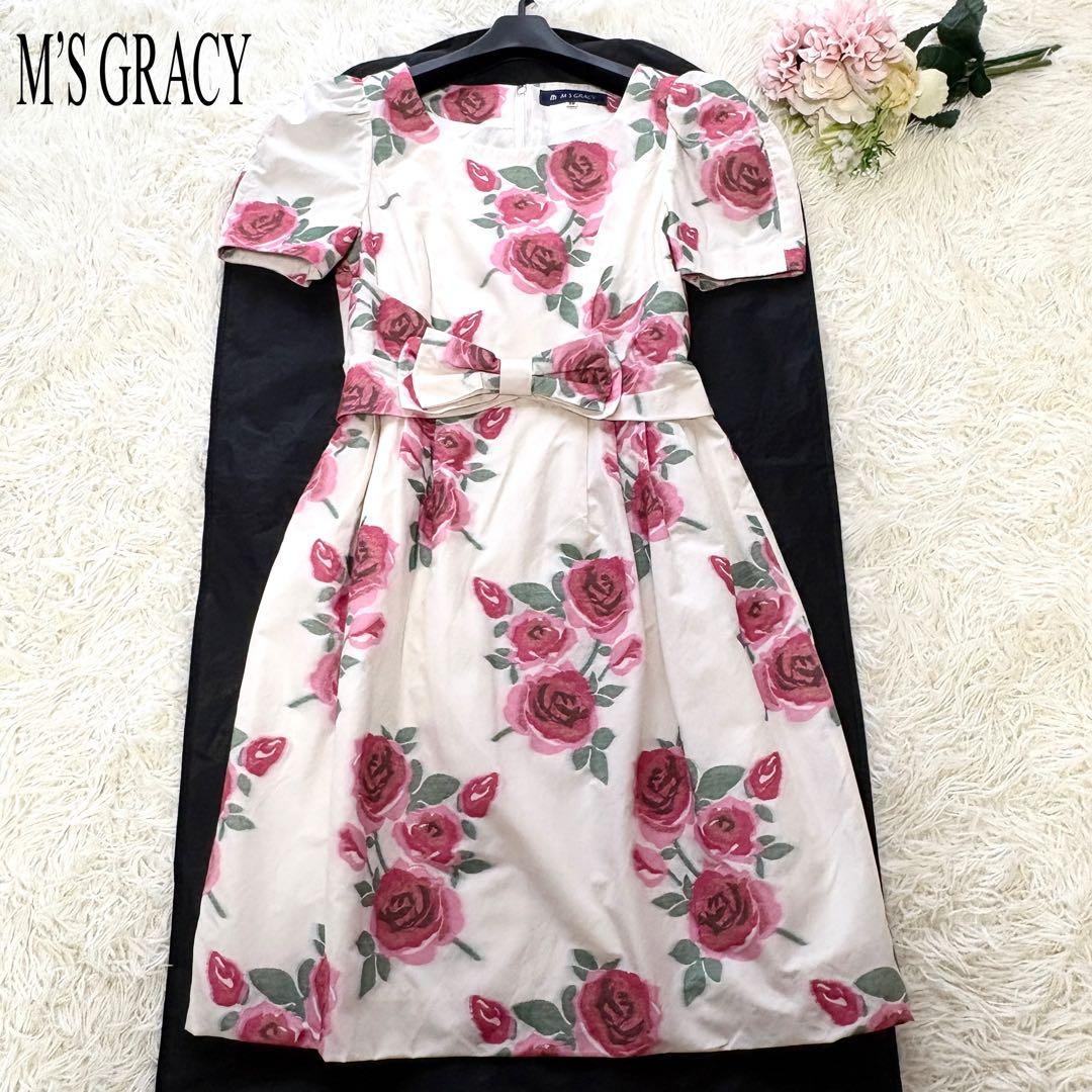 【美品】リボン　薔薇　エムズグレイシー　フレアワンピース　Aライン　上品　38