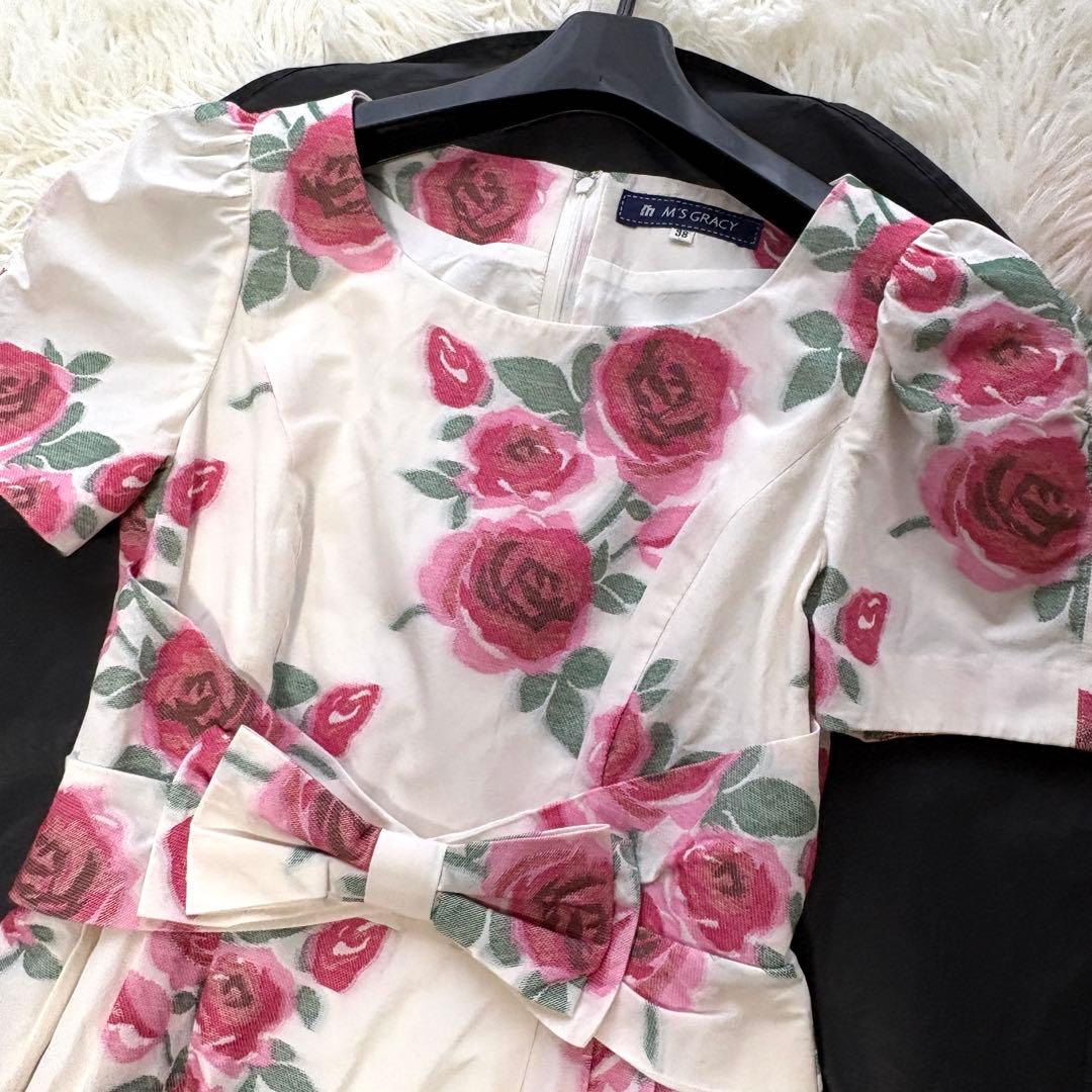 【美品】リボン　薔薇　エムズグレイシー　フレアワンピース　Aライン　上品　38
