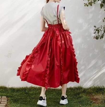 美品　COEL　コエル　フリルサス付きスカート　36　レッド　ロングスカート