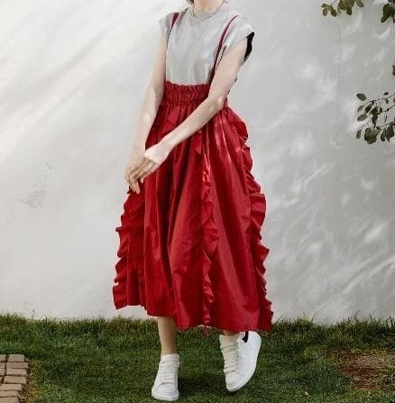 美品　COEL　コエル　フリルサス付きスカート　36　レッド　ロングスカート