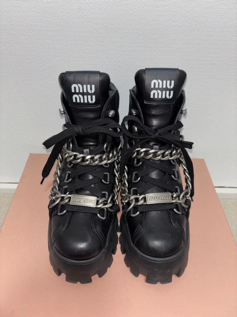 【miumiu】 プラットフォーム ブーツ チェーンプレート ブラック 36