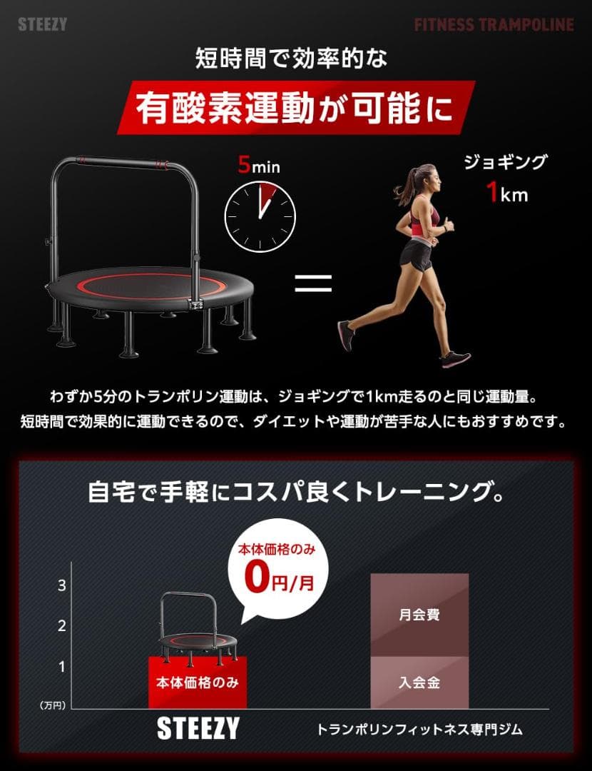 STEEZY フィットネス トランポリン 300kg耐荷重 スマホホルダー付