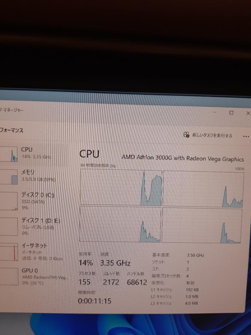 キッチン台所　Athlon 3000g・8GB・64GB・Win11