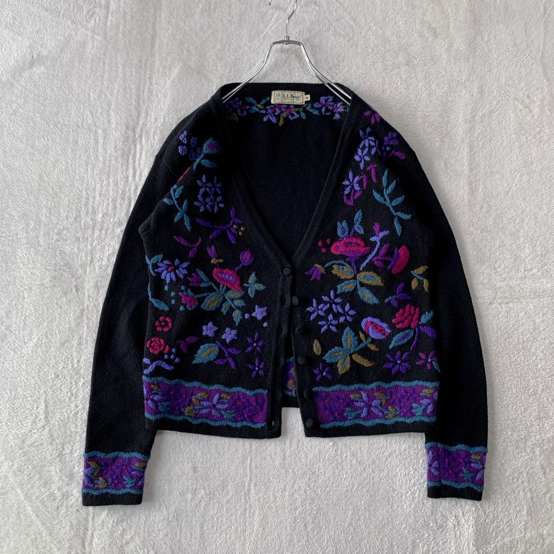 希少 80s エルエルビーン ウール ニット カーディガン 花柄 刺繍 フラワー